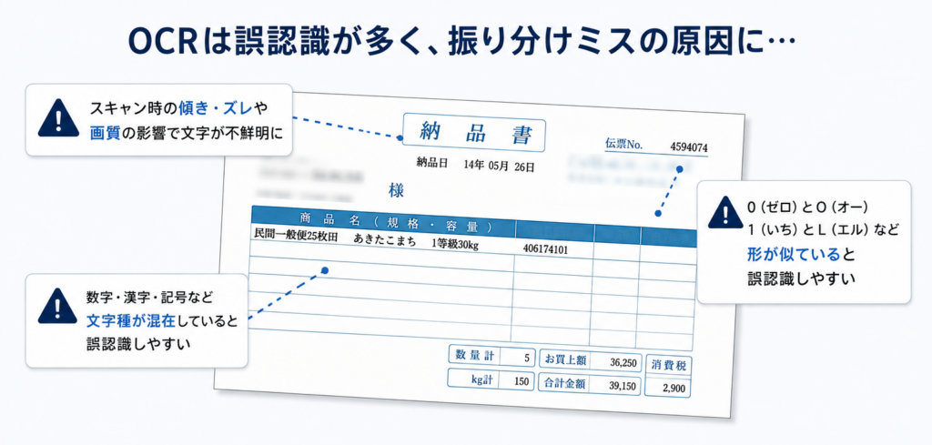 OCRは誤認識が多く振り分けミスの原因に